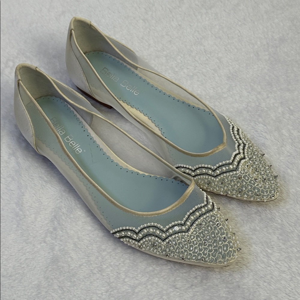 Bella Belle Wedding Flats Women 7 Ivory Slip On Shoes Coquette Romantic Pearls